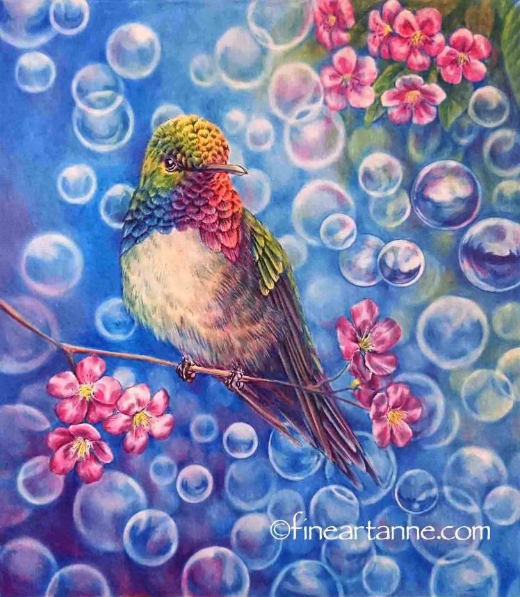 Finished picture of my Rainbow Hummingbird with primary colors