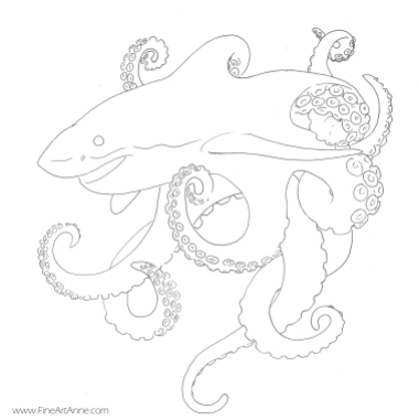 Free coloring picture Shark + octopus | Octork